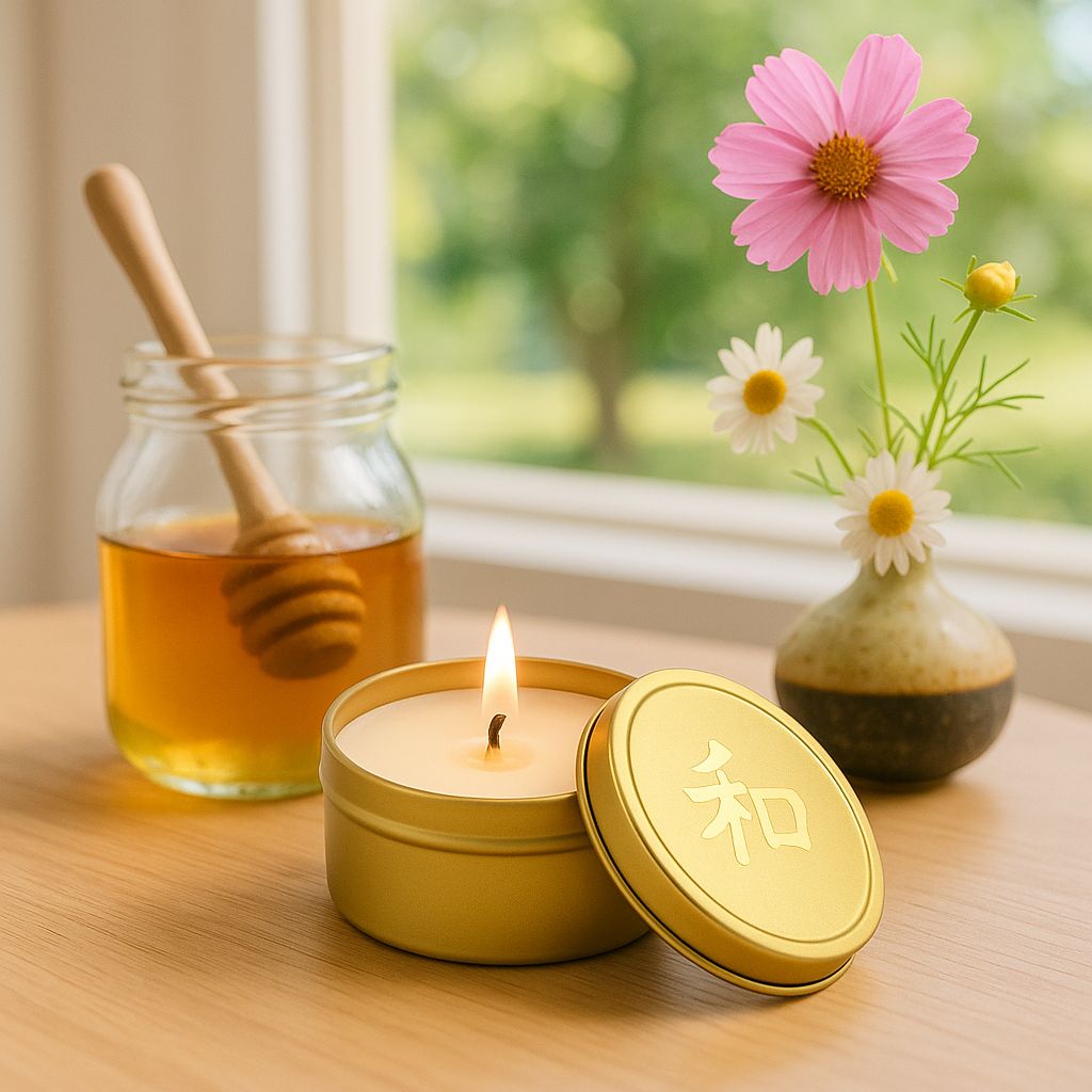 Candle with a lid, jar of honey, and small vase with flowers on a wooden surface.