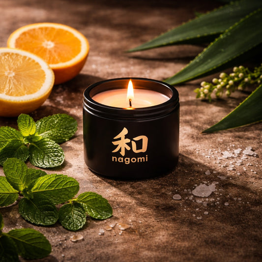 Nagomi Mikan Dreams 4 oz. candle glowing in black jars with orange slices, mint leaves, and agave accents