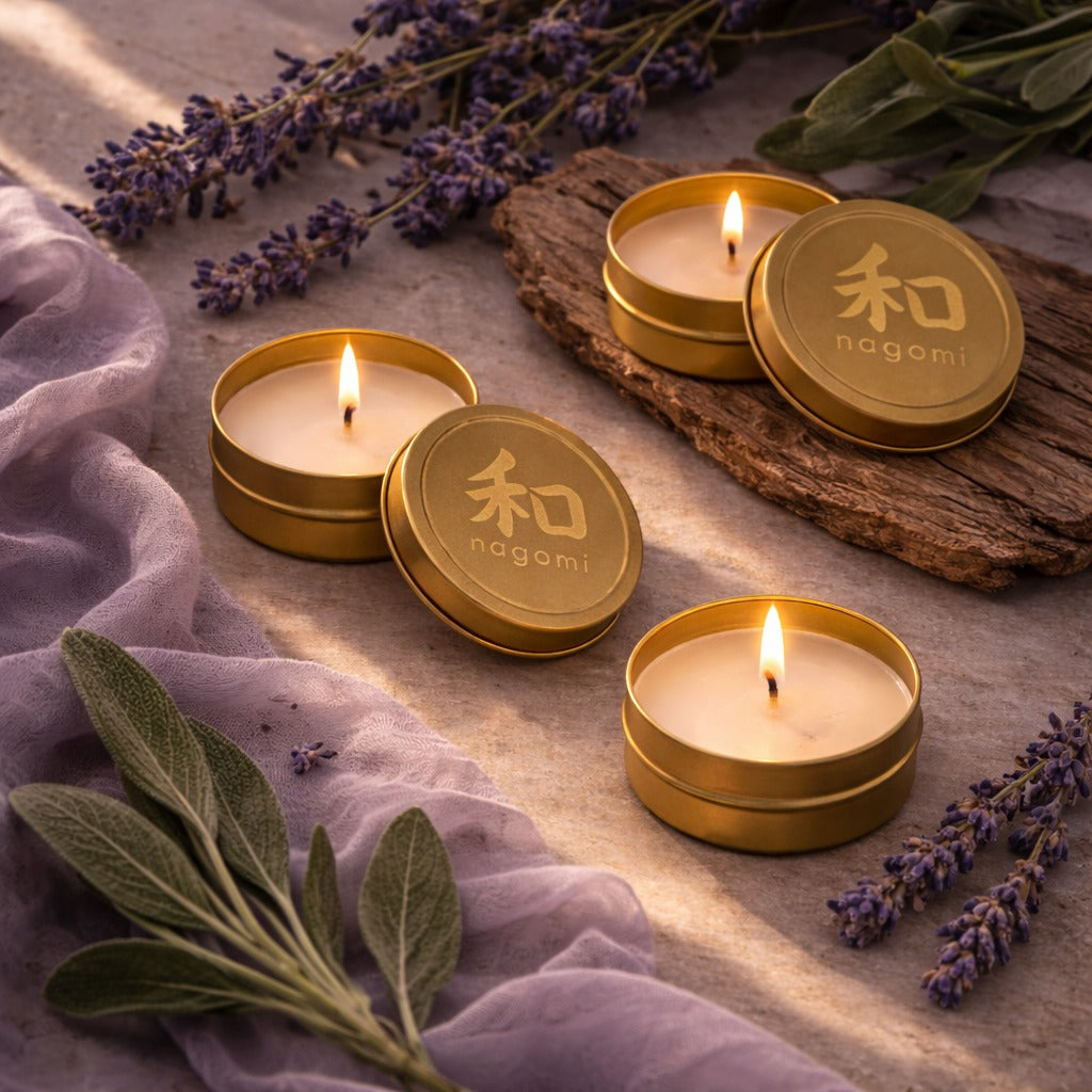 Nagomi Herbal Harmony candle s– 1½ oz gold tins, lit, – lavender, sage, cedarwood