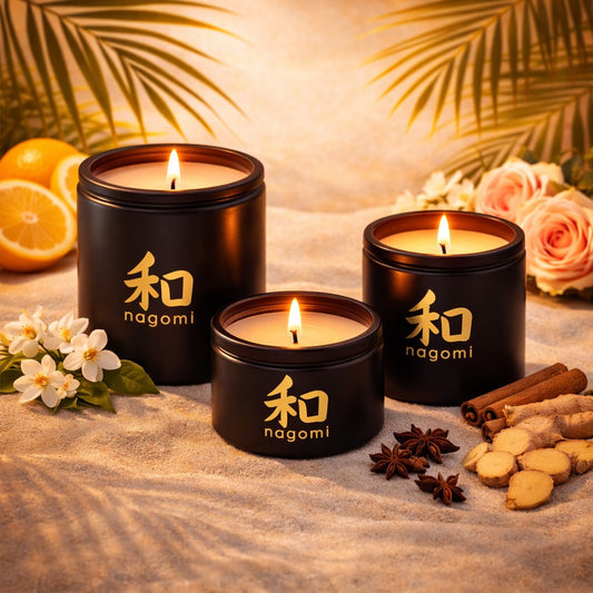 Three Nagomi Lahain's Aure candles in black glass jars, lit, on a neutral background with citrus fruit, jasmine, roses and spices