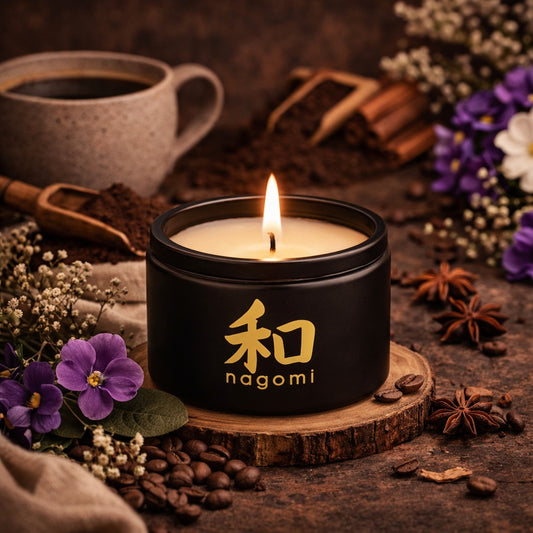 A four-ounce Nagomi Mindful Brew candle in a black glass jar, lit, on a neutral background with fruit, coffee, and african violets