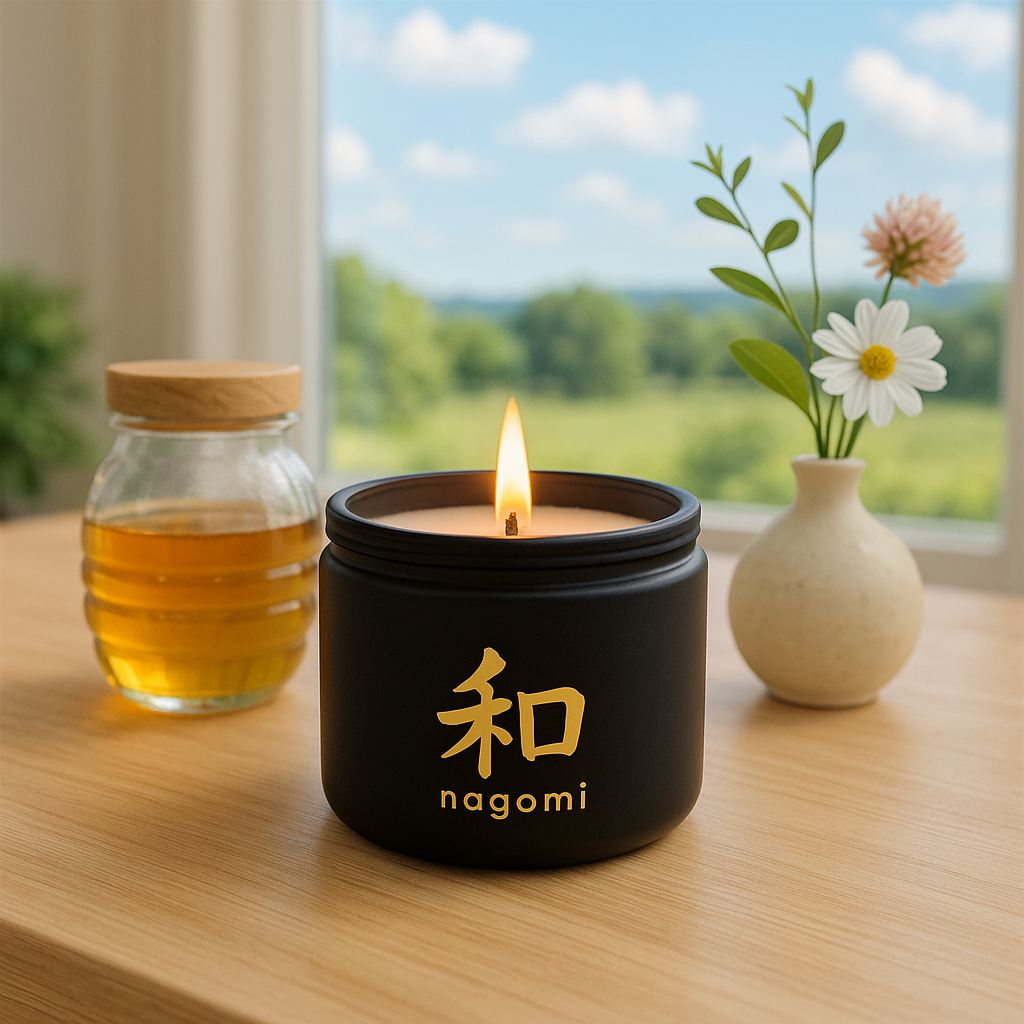 Candle in a black container with 'nagomi' branding, surrounded by a jar of honey and a vase with flowers on a wooden table.
