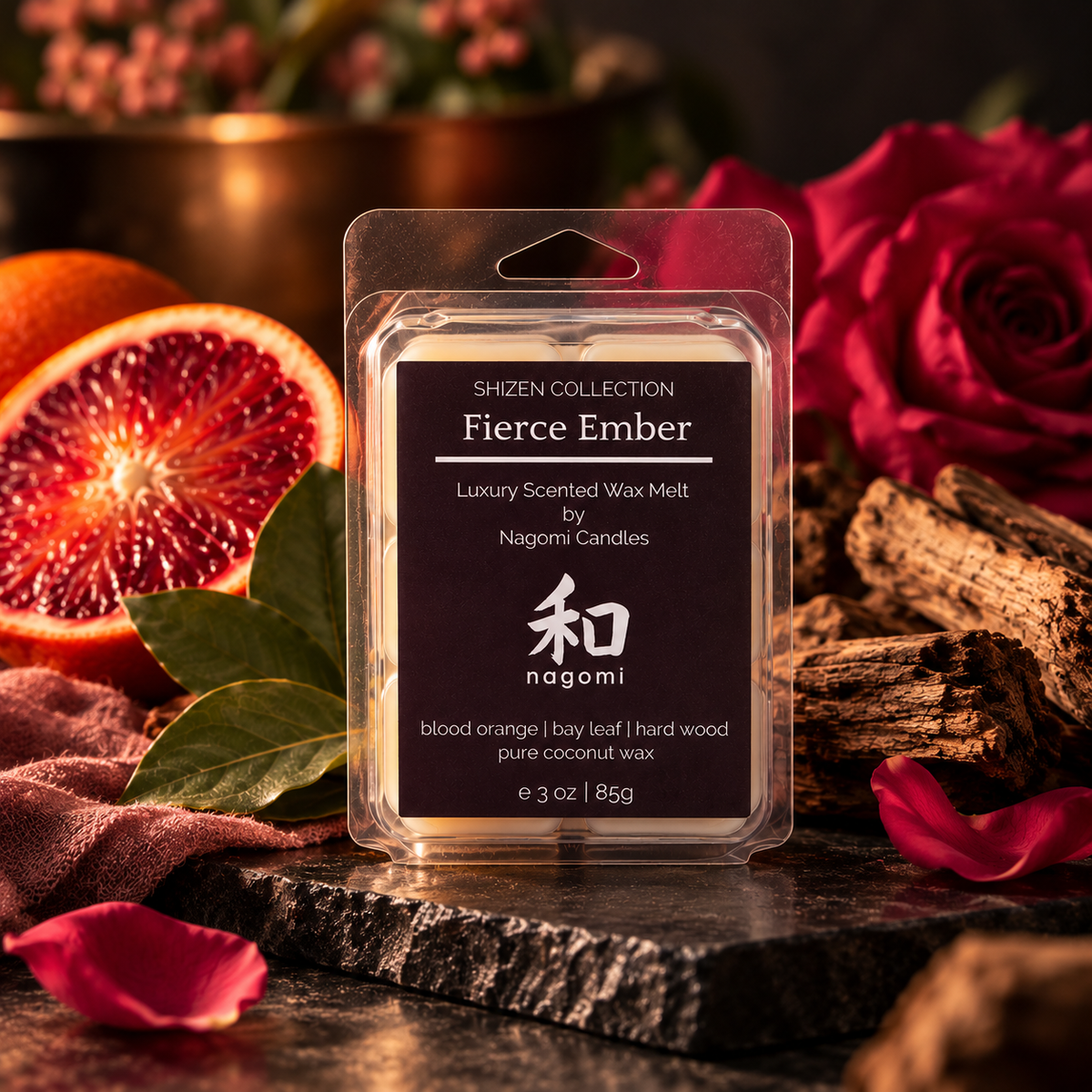 3 oz Fierce Ember coconut wax melts in a dark setting with blood orange and botanical accents