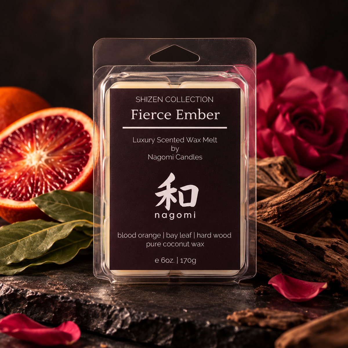 6 oz Fierce Ember coconut wax melts with blood orange, bay leaf and wood accents