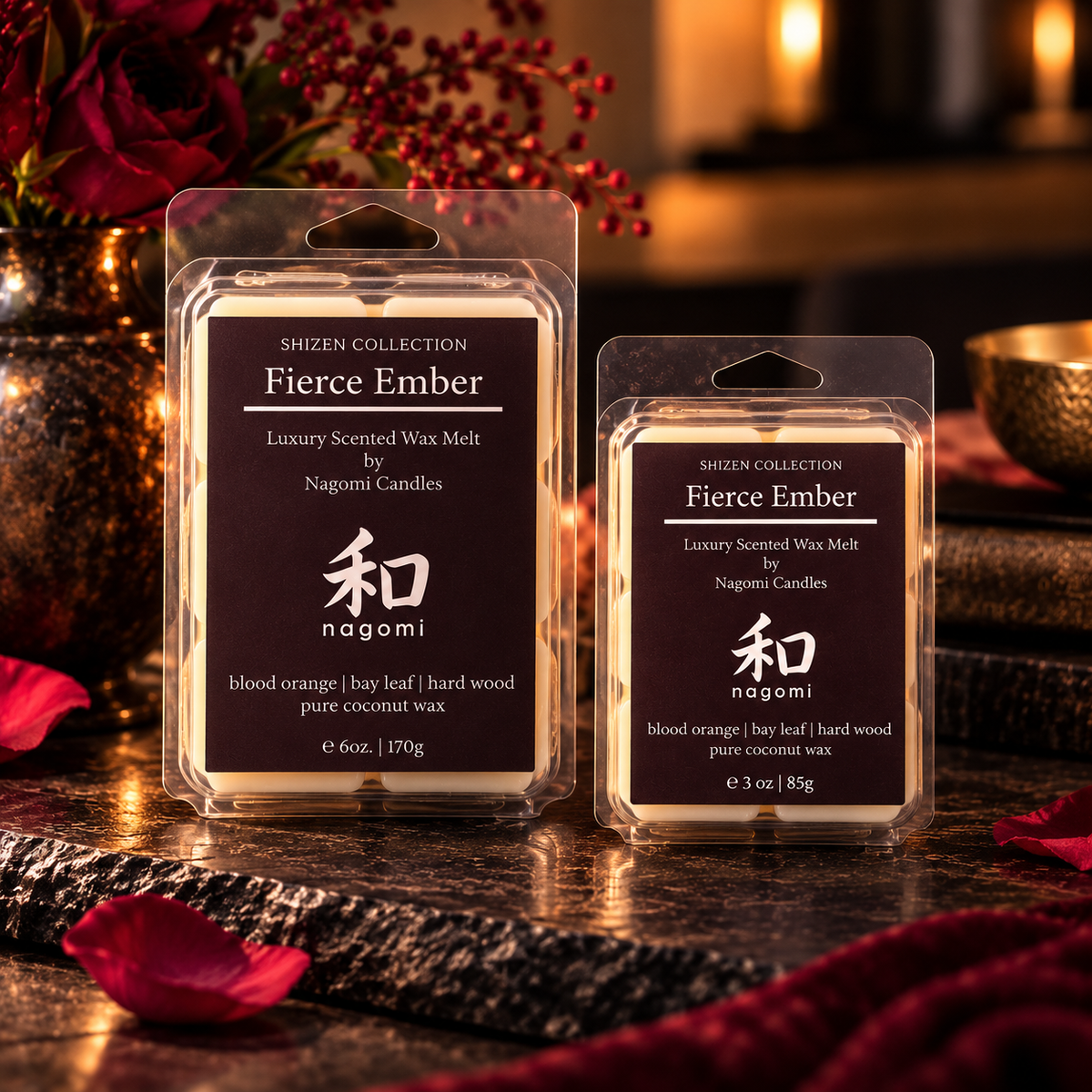 Fierce Ember coconut wax melts in 6 oz and 3 oz packages displayed together