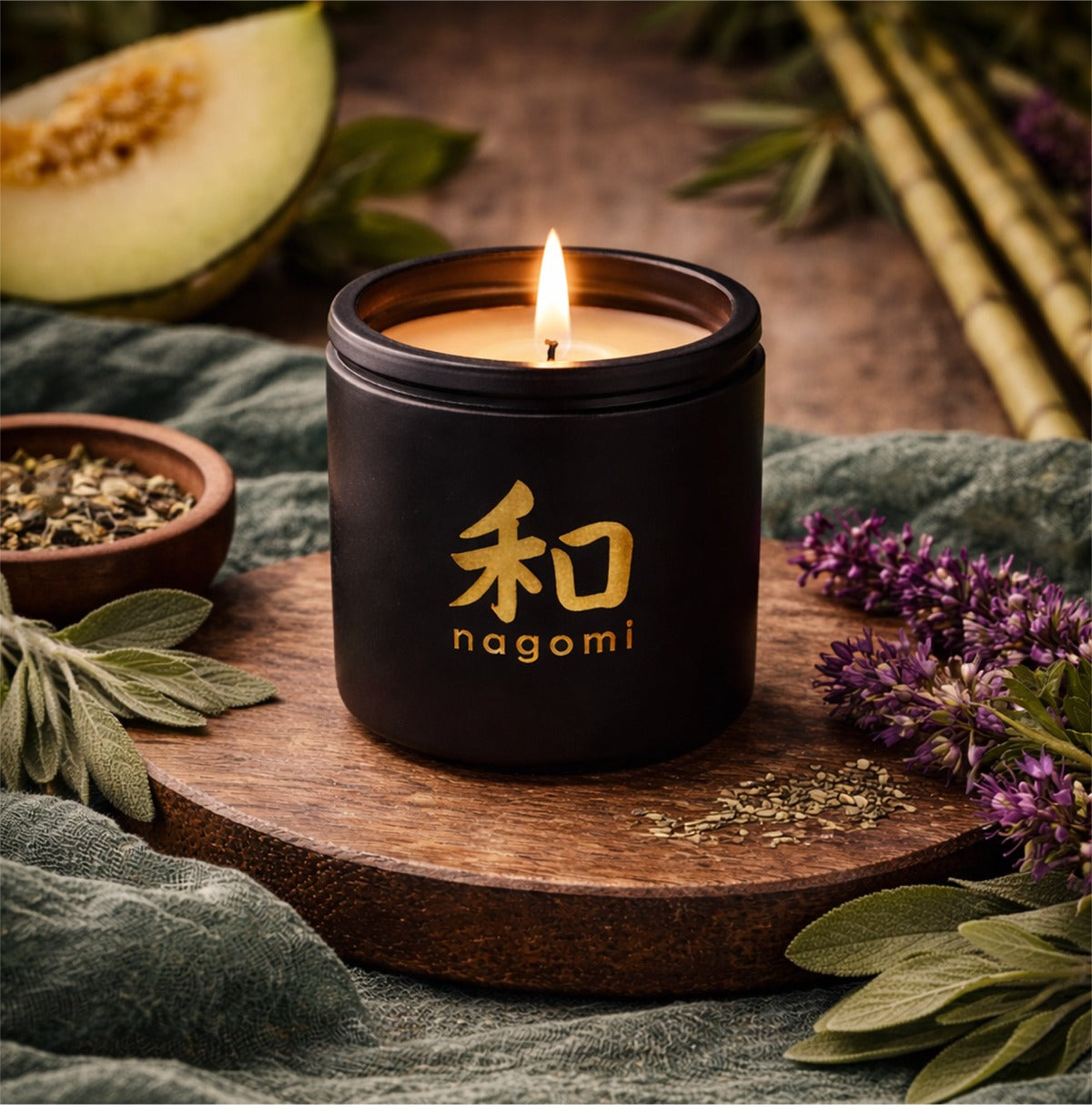 8 oz Lit Nagomi Woodland Dream candle in a black glass jar on stone with casaba melon, bamboo, and dark violet flowers