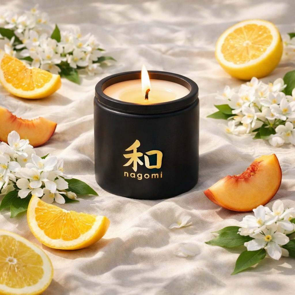 Lit 12 oz. Nagomi Citrus Vitality candle in a black glass jar on sand with orange slices, peaches, and jasmine flowers