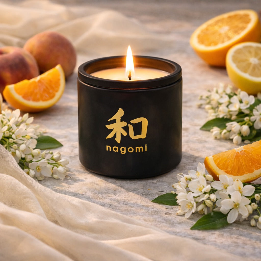 Close-up of a lit 8 oz. Nagomi candle flame with orange slices, peach fruit, and jasmine flowers nearby