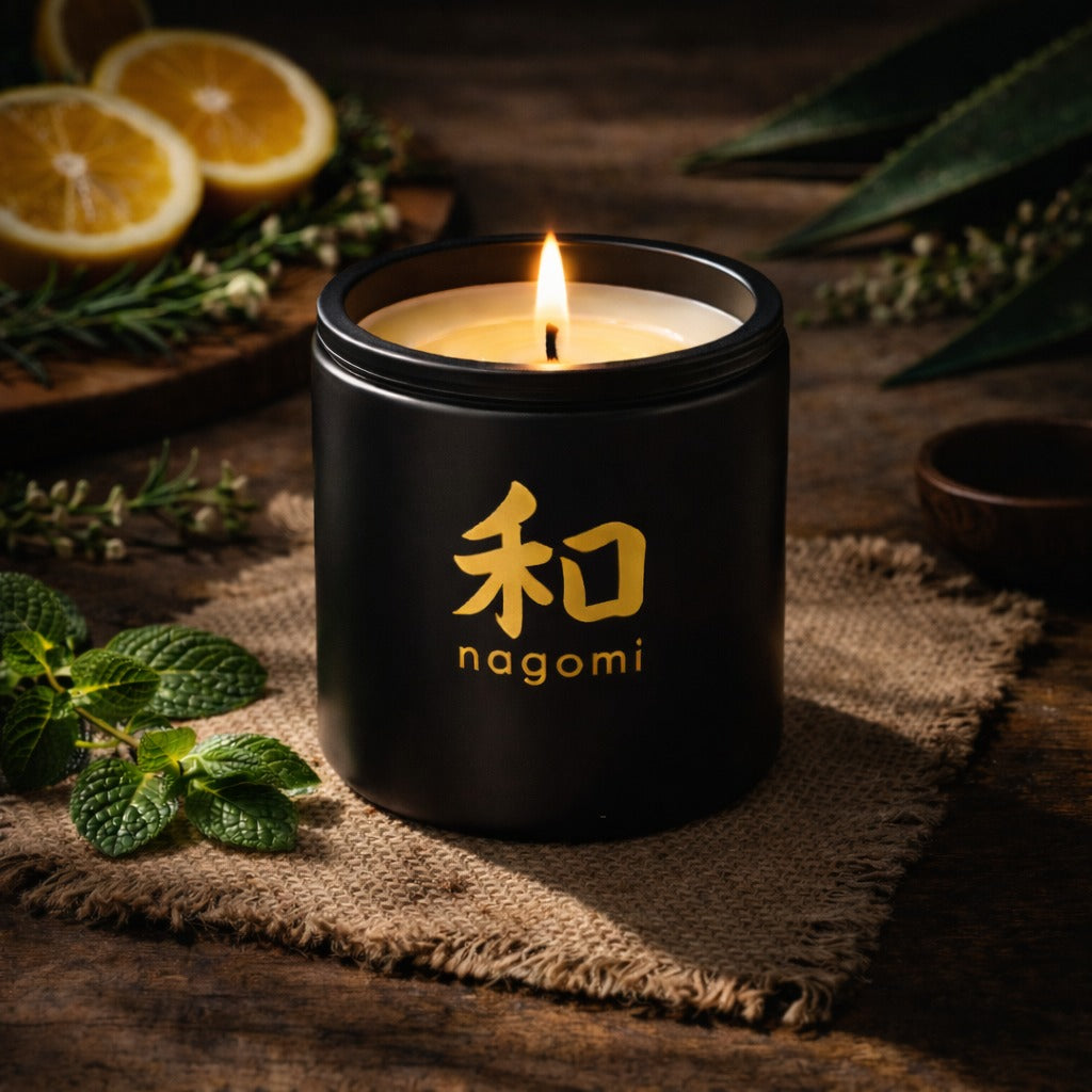 Mikan Dreams 12 oz. candle  displayed with citrus slices, mint leaves, and agave stalks on a minimalist surface
