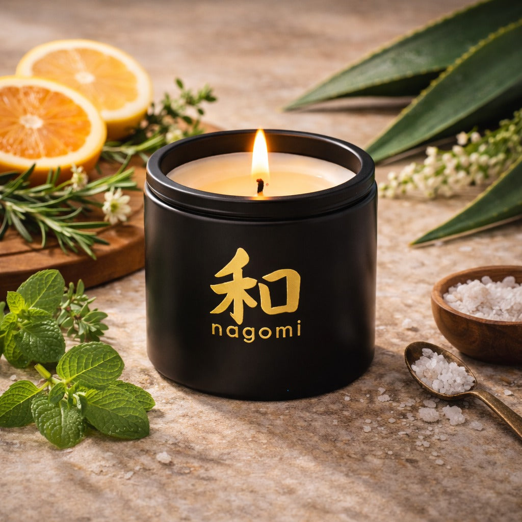Close-up of a lit Nagomi 8 oz. candle flame with orange slices and mint leaves nearby