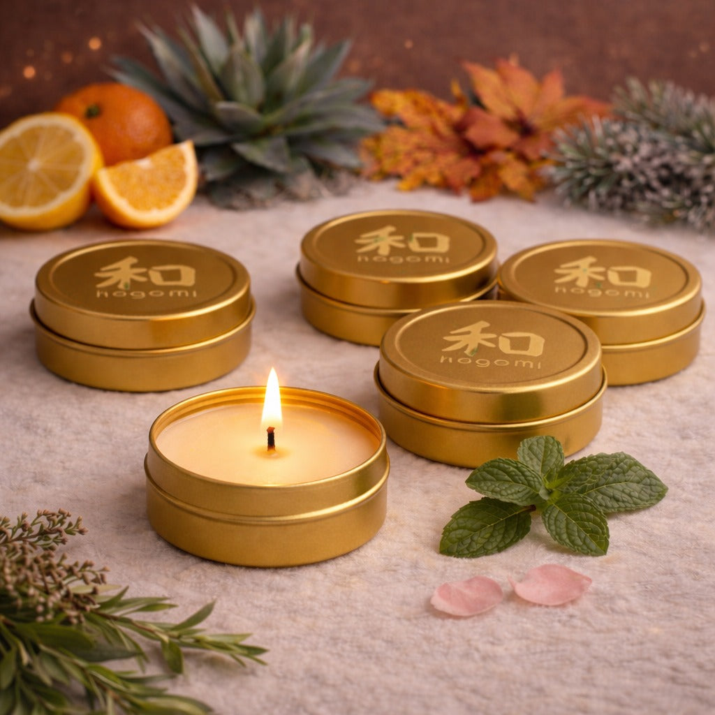 Lit Nagomi Mikan Dreams mini-tin candles arranged with fresh orange slices, mint leaves, and agave stalks