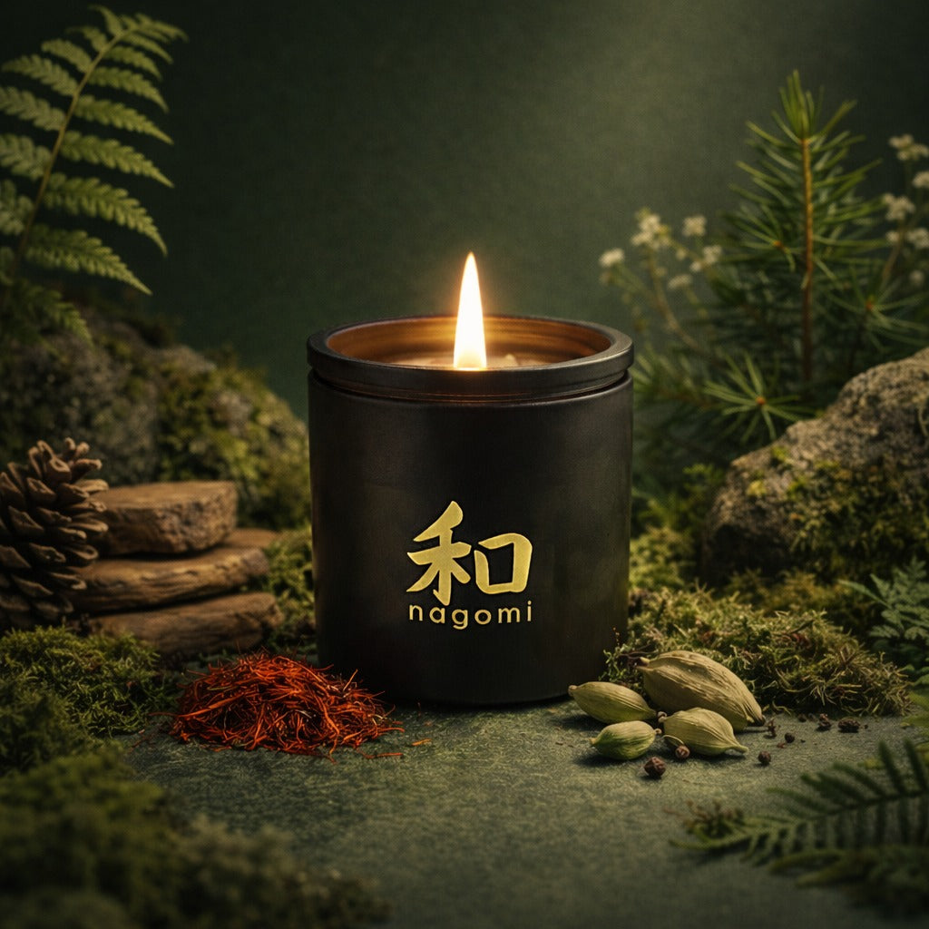 Lit 8 oz Nagomi Sacred Balance candle in a black glass jar, surrounded by saffron threads, cardamom seeds, and sandalwood in a forest setting