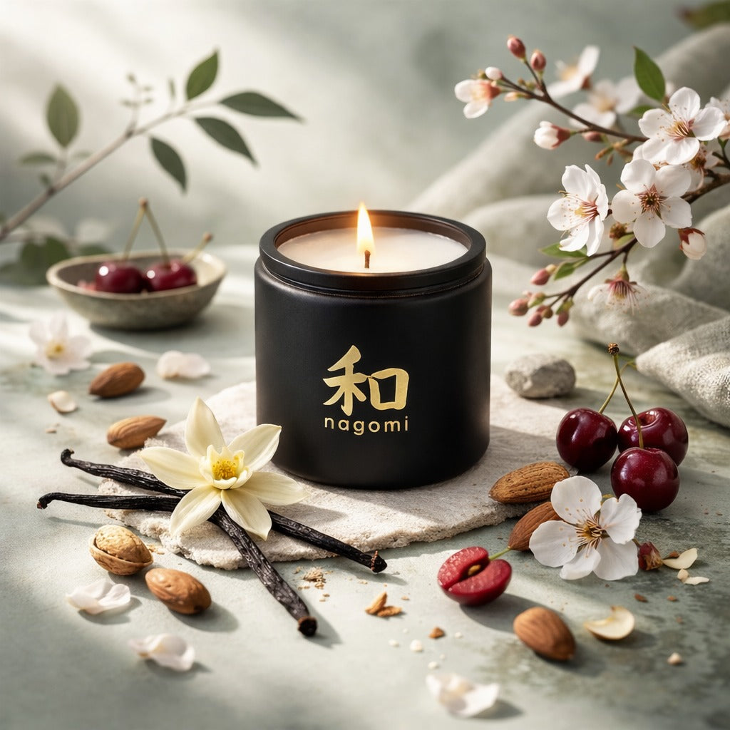 A twelve-ounce Nagomi Aromatic Journey candle in a black glass jar, lit, on a neutral background with cherries, almonds, and vanilla beans.
