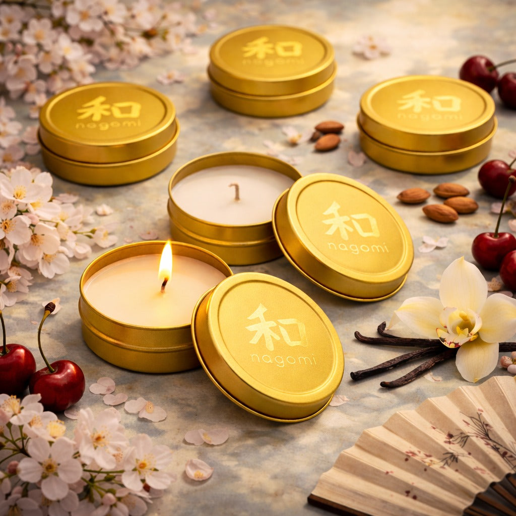 Several Nagomi Aromatic Journey mini-tins candles in gold tins, lit, on a neutral background with cherries, almonds, and vanilla beans.