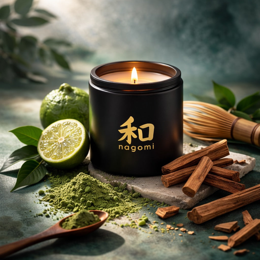 Twelve-ounce Nagomi Aromatic Journey candle in a black glass jar, lit, on a neutral background with bergamot, matcha, and sandalwood.