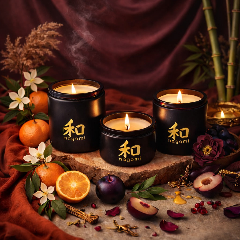 Three Nagomi Eternal Ascent Candles in black glass jars, lit, on a neutral background with oranges, plums and bamboo