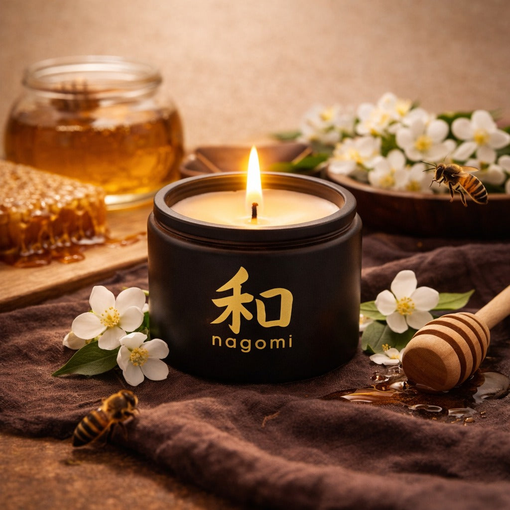 Nagomi Floral Honey Harmony candle – 4 oz black glass jar, lit,  – honey jasmine floral scent