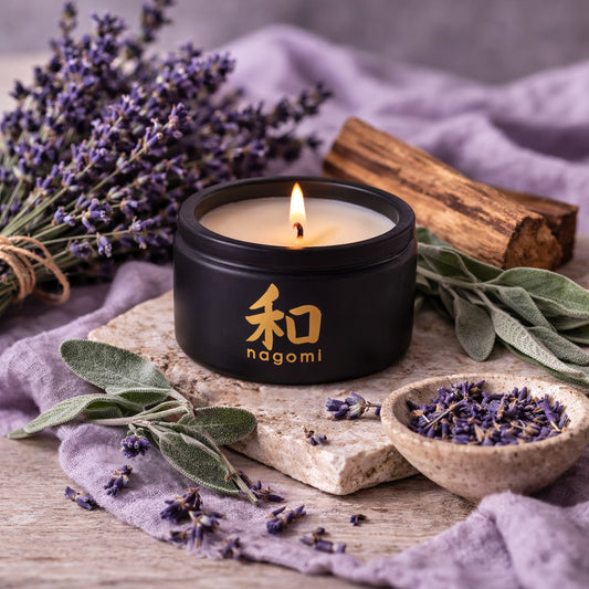 Nagomi Herbal Harmony candle – 4 oz black glass jar, lit, – lavender, sage, cedarwood 
