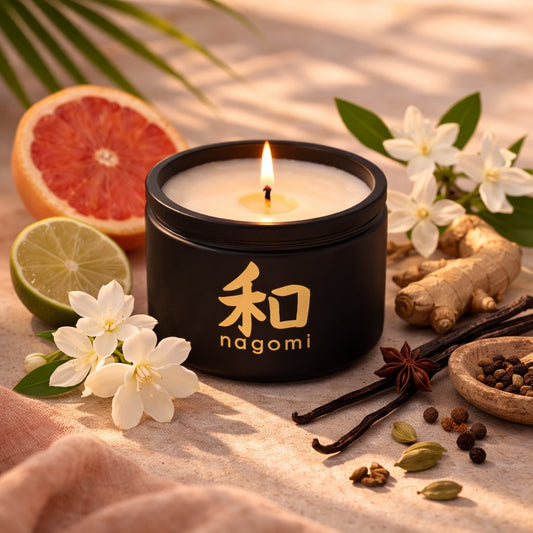 A four-ounce Nagomi Lahain's Aure candle in a black glass jar, lit, on a neutral background with citrus fruit, jasmine, and spices