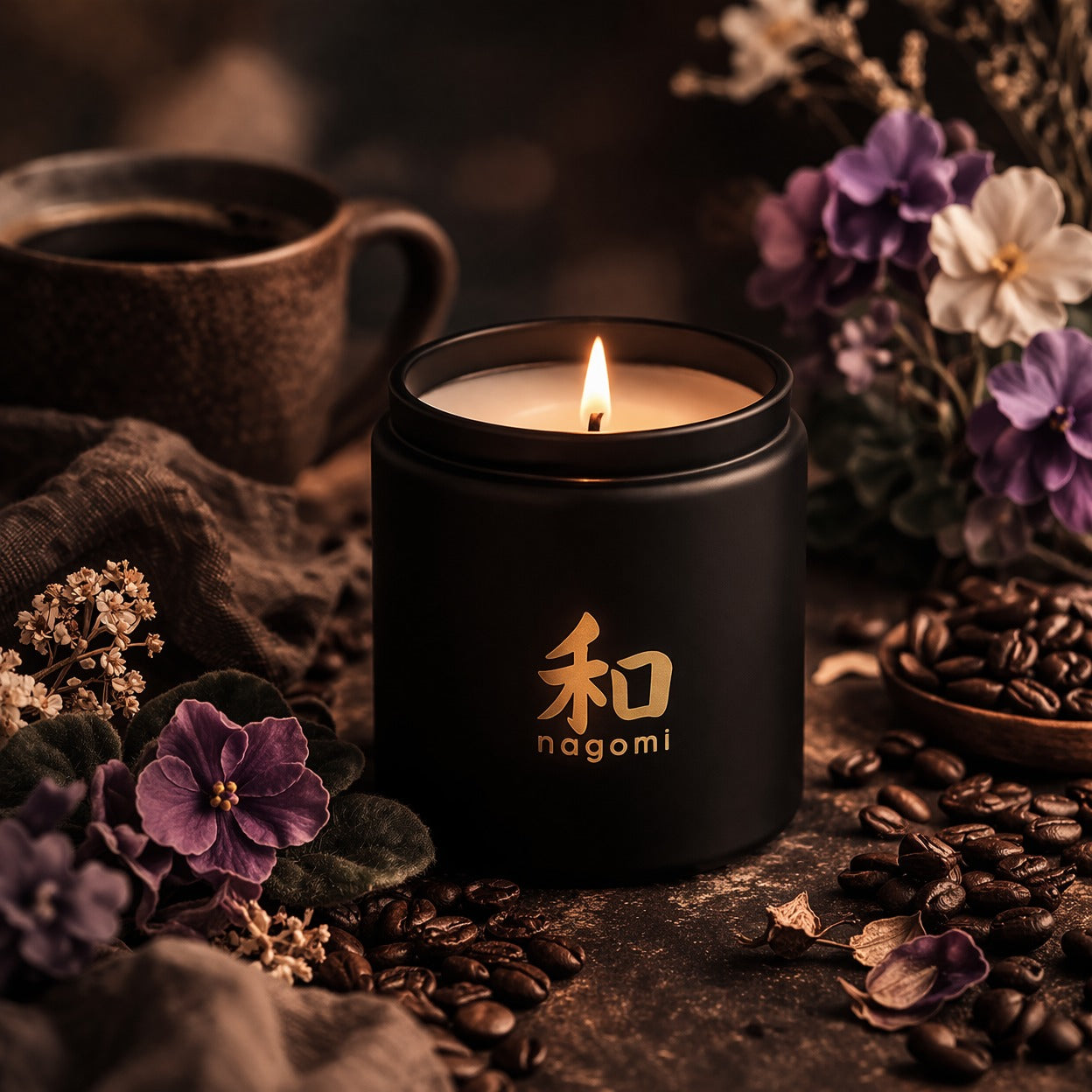 A twelve-ounce Nagomi Mindful Brew candle in a black glass jar, lit, on a neutral background with fruit, coffee, and african violets