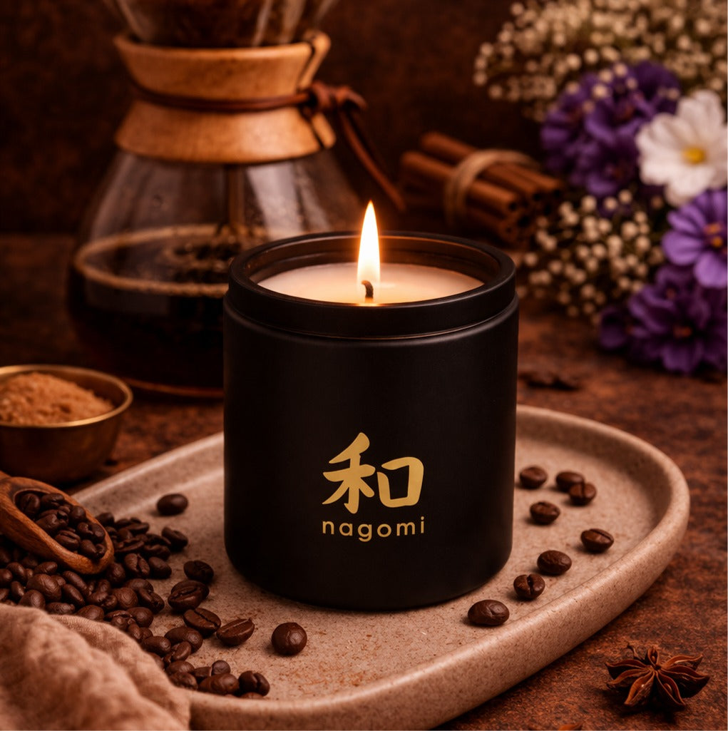 Nagomi Mindful Brew candle in black glass jar