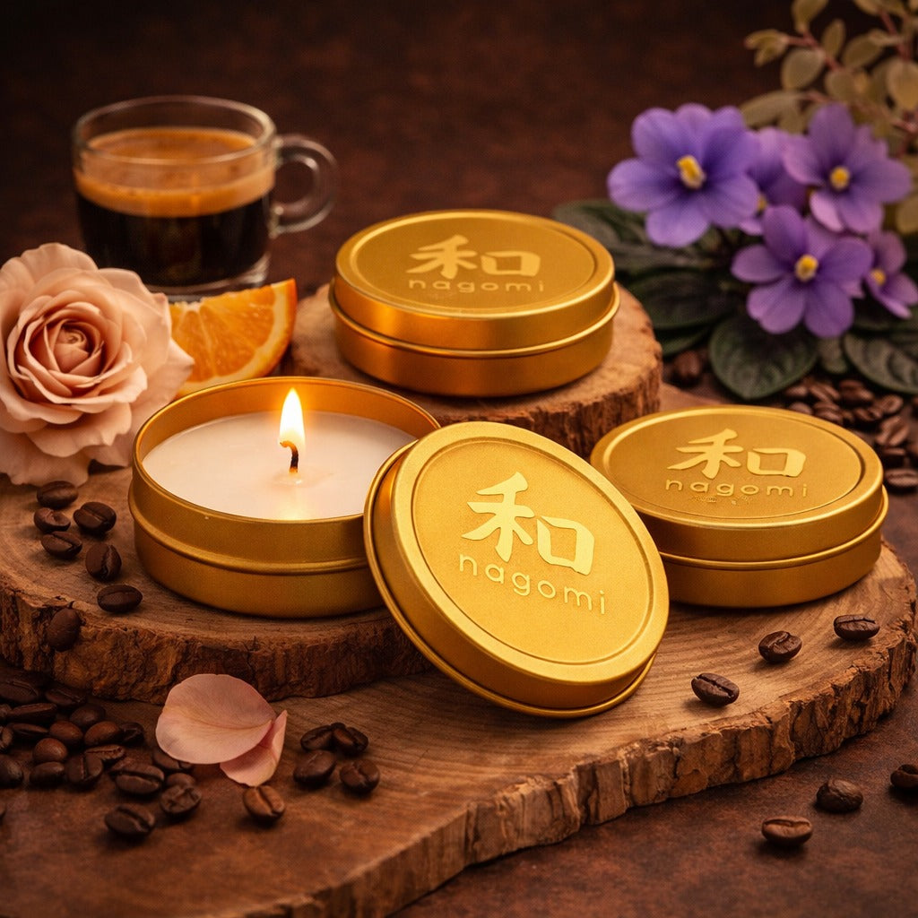Four-ounce Nagomi Mindful Brew candles  in gold tines, lit, on a neutral background with fruit, coffee, and african violets