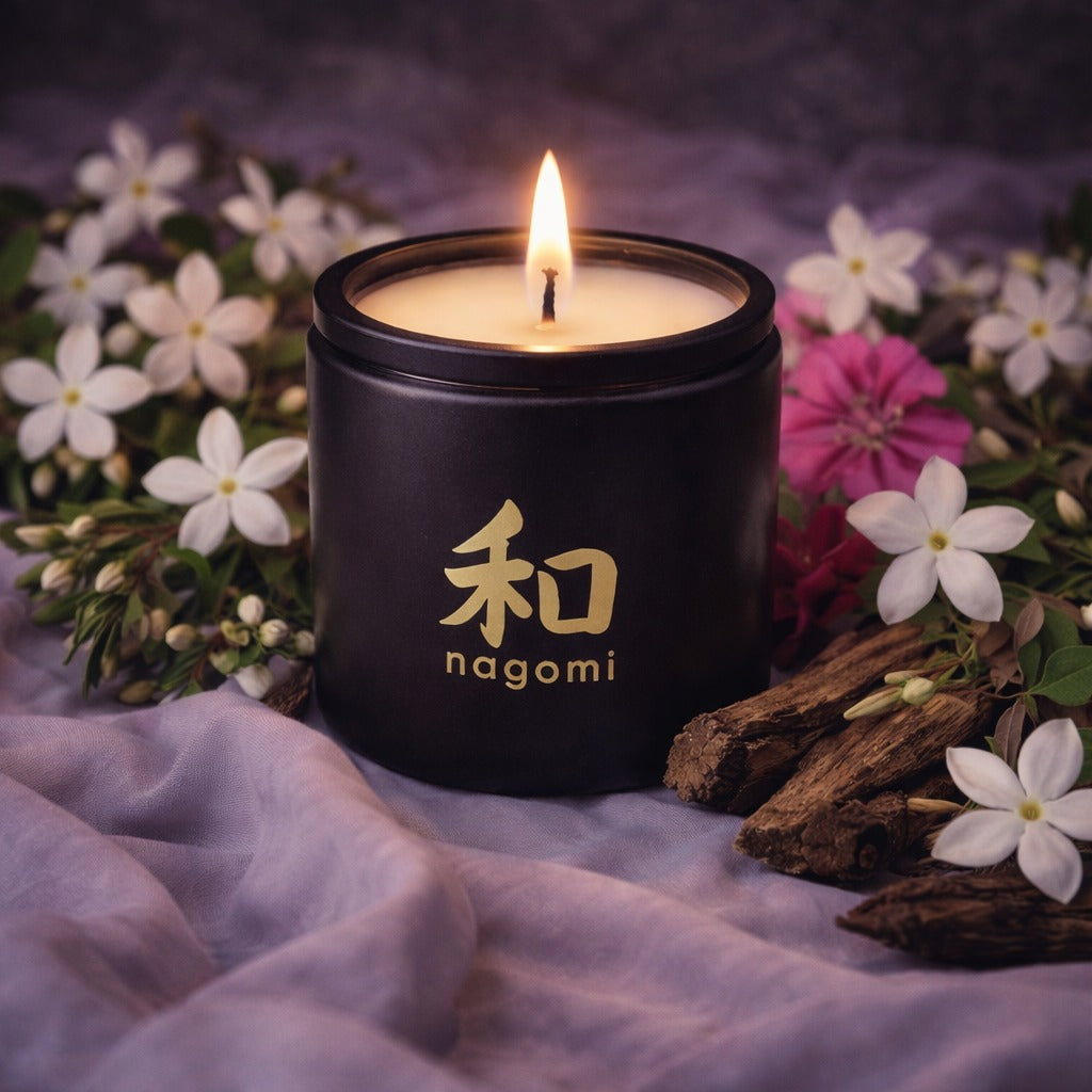 Nagomi Mystic Alchemy 8 oz candle in a black jar with Jasmine, geranium and teakwood in the background