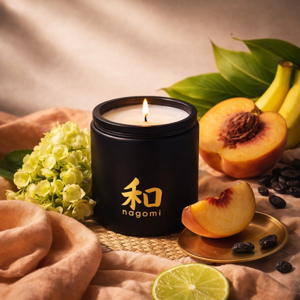 Eight-ounce Nagomi Peach Serenity candle in black glass jar, lit, on a neutral background with lime, banana, peaches and tonka bean