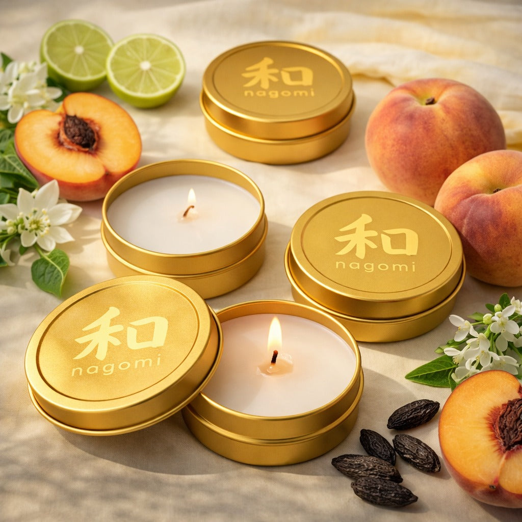 Nagomi mini-tin Peach Serenity candles in gold tins, lit, on a neutral background with lime, banana, peaches and tonka bean