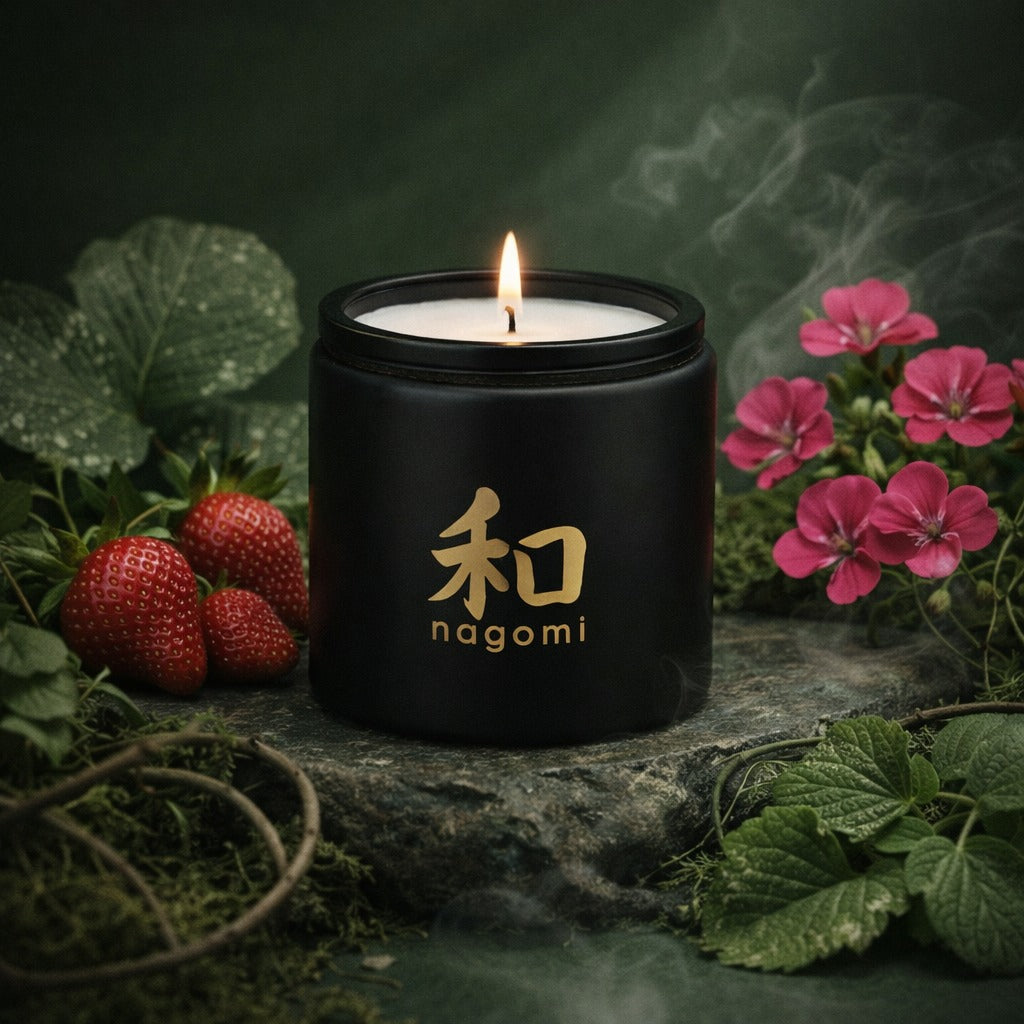 Twelve-ounce Nagomi Tenacious Bloom candle in a black glass jar, lit, on a neutral background with strawberries, geraniums, and moss.