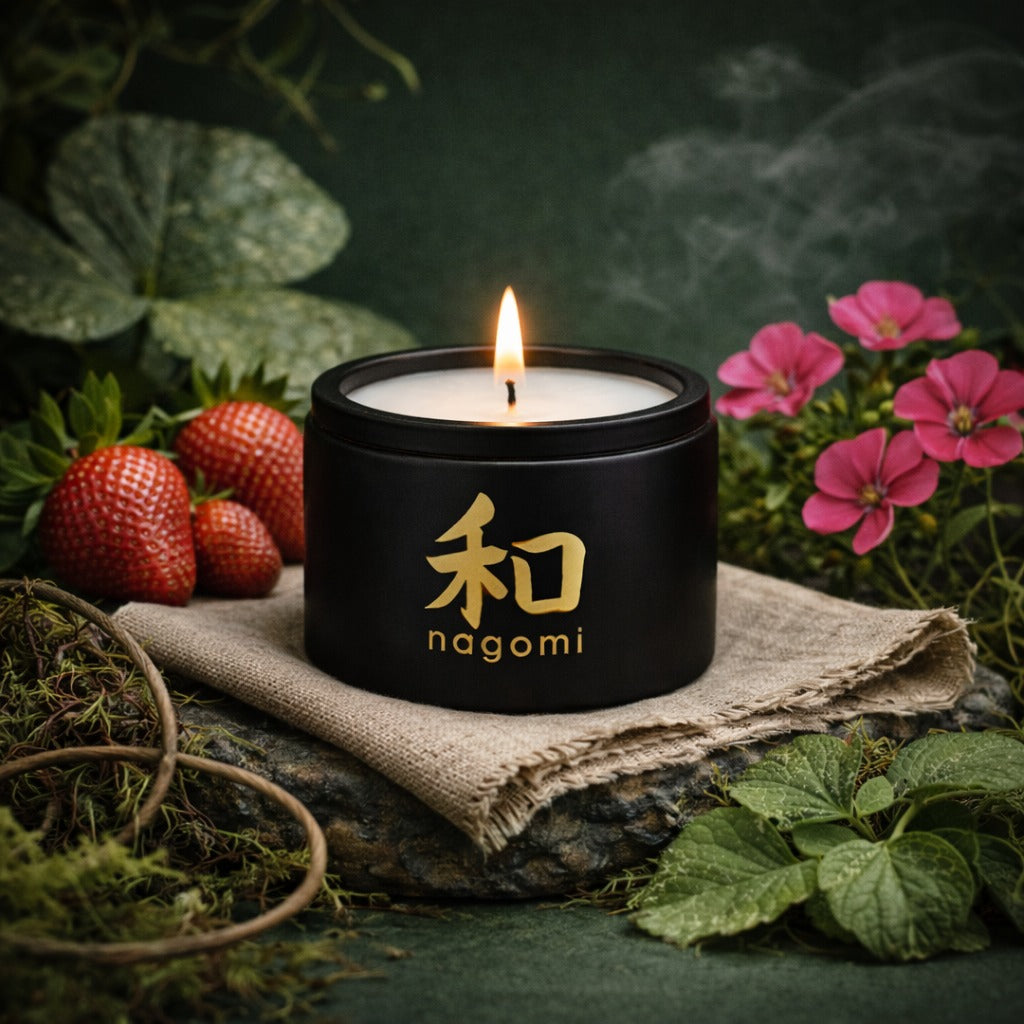 Four-ounce Nagomi Tenacious Bloom candle in a black glass jar, lit, on a neutral background with strawberries, geraniums, and moss.