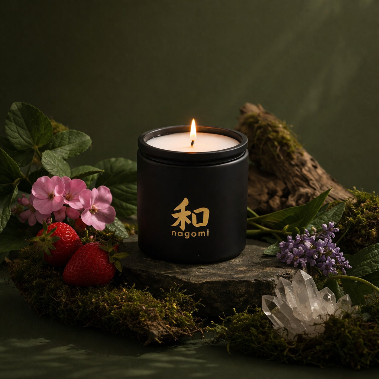 Eight-ounce Nagomi Tenacious Bloom candle in a black glass jar, lit, on a neutral background with strawberries, geraniums, and moss.
