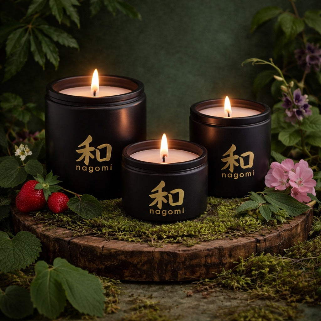 Three Nagomi Tenacious Bloom candles in black glass jars, lit, on a neutral background with strawberries, geraniums, and moss.