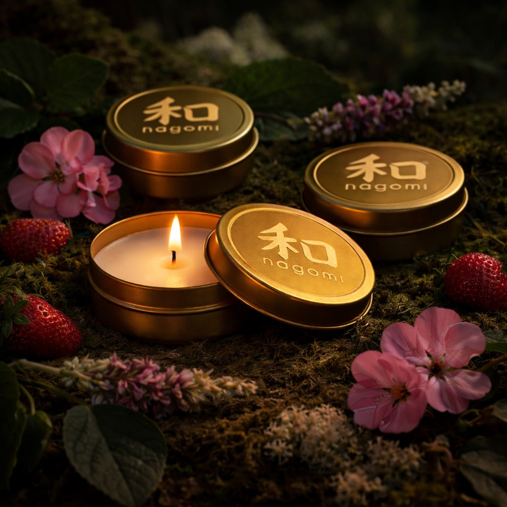 Nagomi mini-tin Tenacious Bloom candles in gold tins, lit, on a neutral background with strawberries, geraniums, and moss.