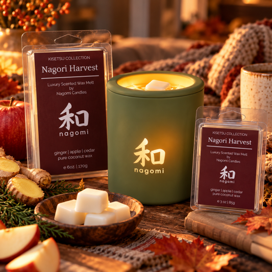 Nagori Harvest wax melts warming in a sage green Nagomi wax warmer in a cozy autumn setting