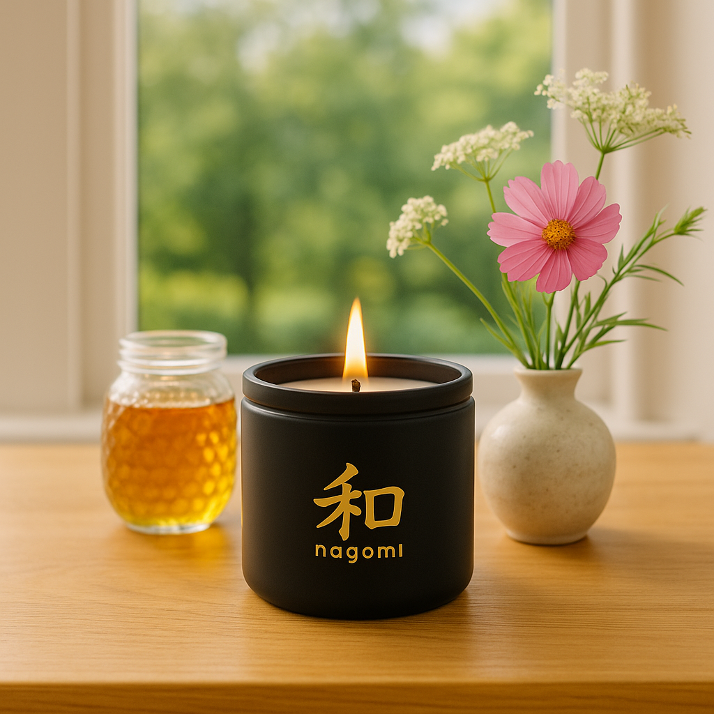 Candle with 'nagomi' branding on a wooden table with flowers and a jar in the background.