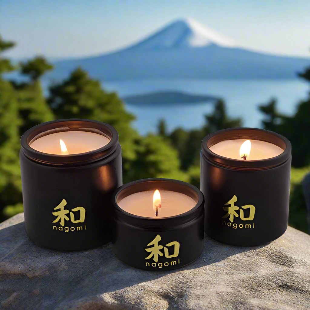 3 luxury scented candles in front 0f Mt. Fuji | Nagomi Candles